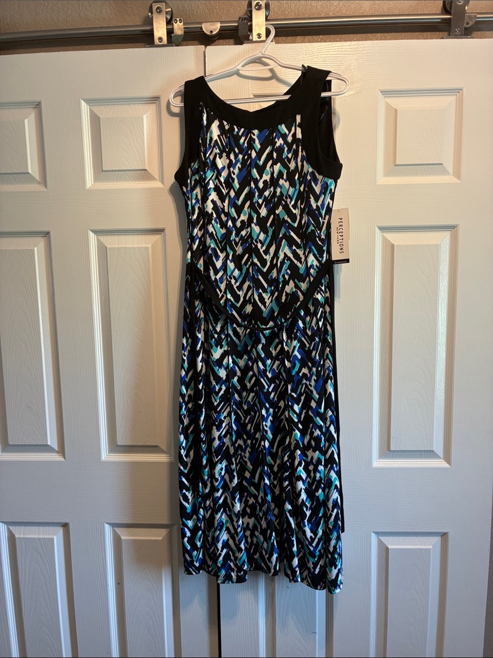 Perceptions Black Sleeveless Dress with Blue and White Chevron Print